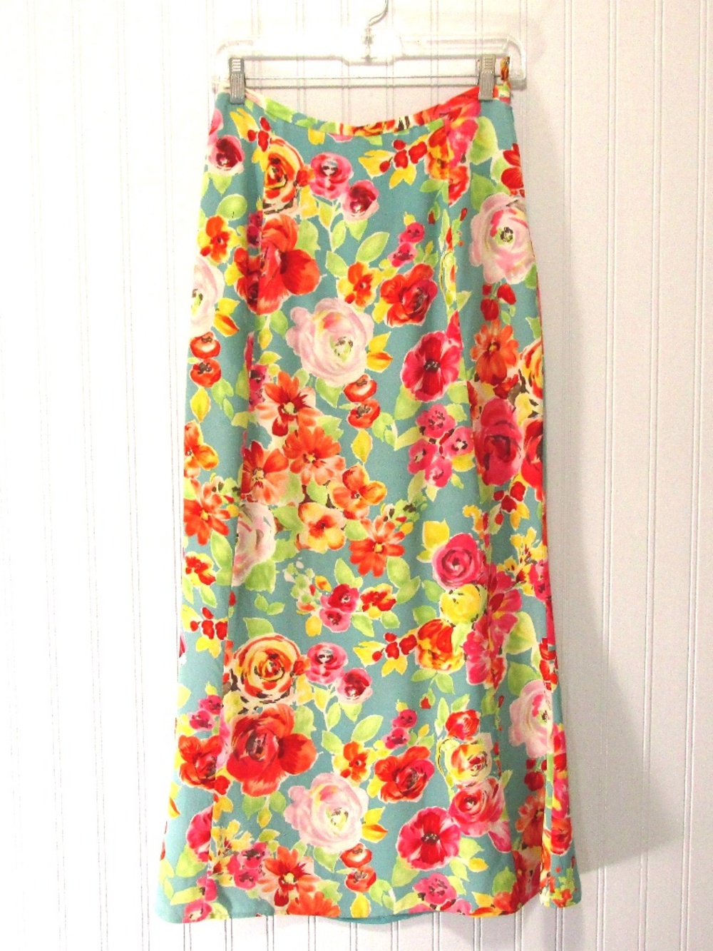 Harold's Turquoise Red Floral Silk Trumpet Skirt, Size 4 - Picture 2 of 7